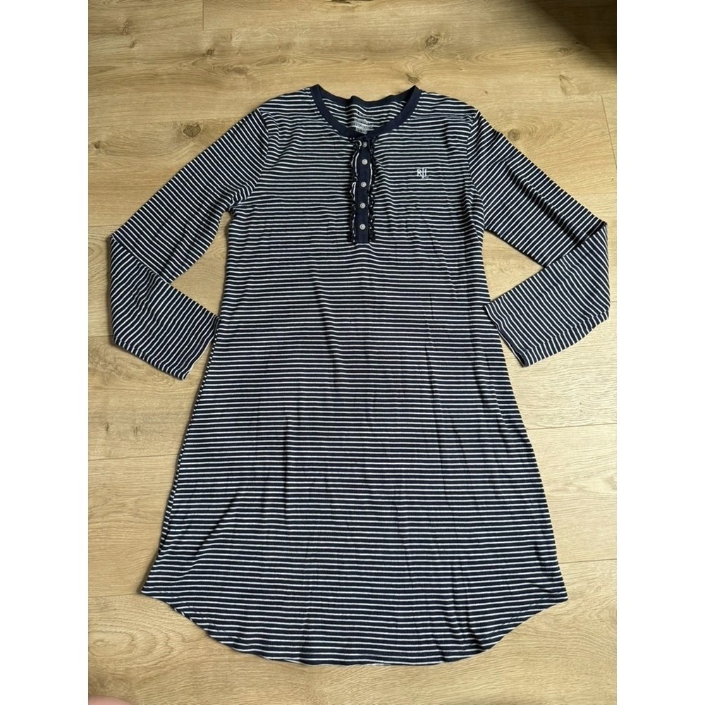 Lauren Ralph Lauren blue white striped nightgown stretch button ruffles size L